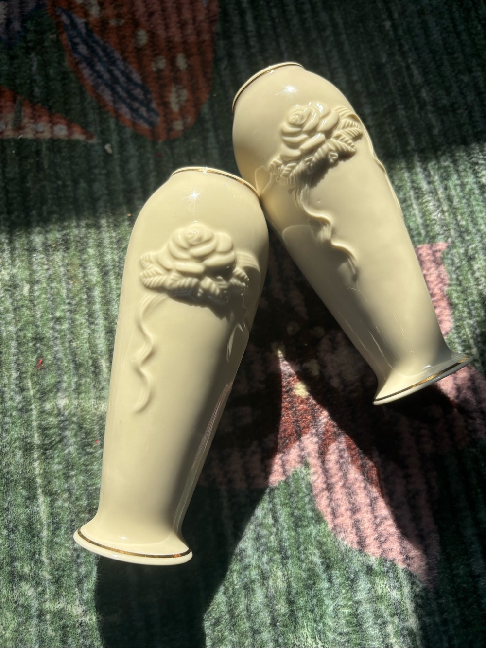 Pair if Cream Lenox Vases With Rose Designs